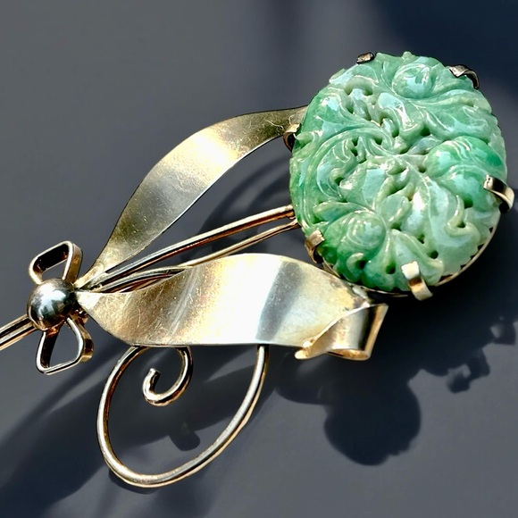 🌺RARE Vintage Sterling/Gold Jadeite Flower Brooch - Picture 5 of 16